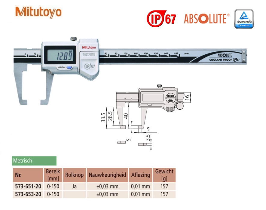 Mitutoyo Absolute Digimatic schuifmaat met naar binnengerichte bekken 0-150mm, 0,01mm