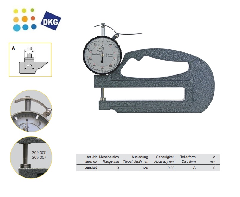 Dikte meter met meetklok 0-10 mm x 120 mm A