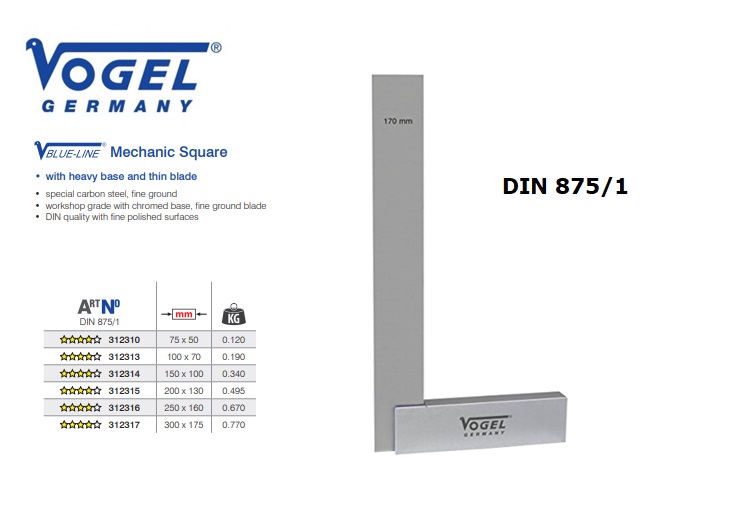 Blok winkelhaak 75 x 50 mm DIN 875/1, blank