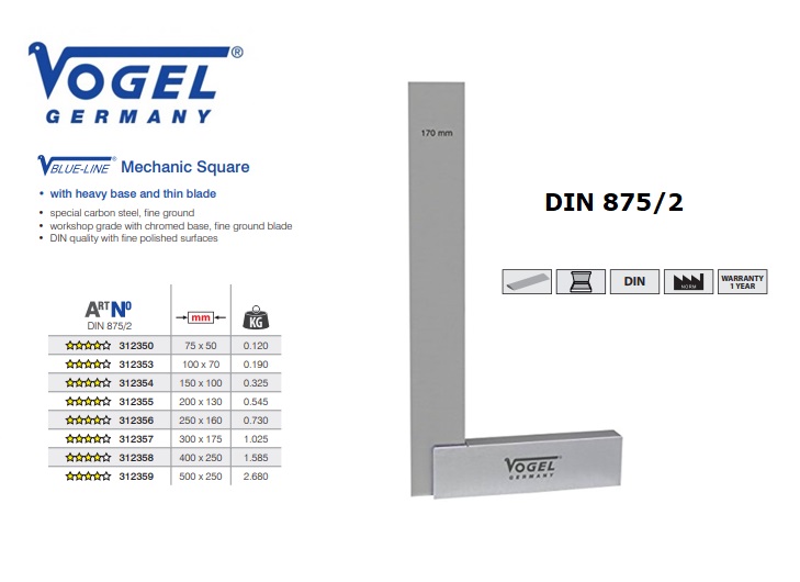 Blok winkelhaak 250 x 160 mm DIN 875/1, blank | DKMTools - DKM Tools