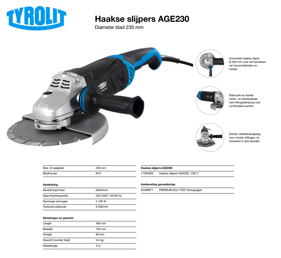 Haakse slijper AGE130 /1/230mm/2100W/230V