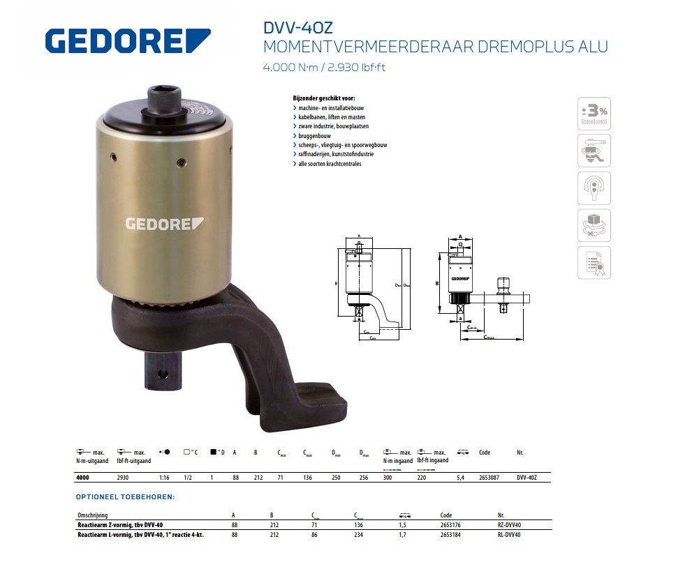 Gedore DVV-40Z Momentvermeerderaar DREMOPLUS ALU 4000 Nm