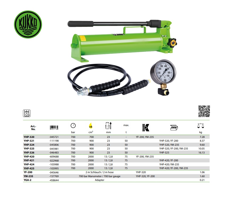 Hydraulische Handpomp met slang en manometer YHP-425