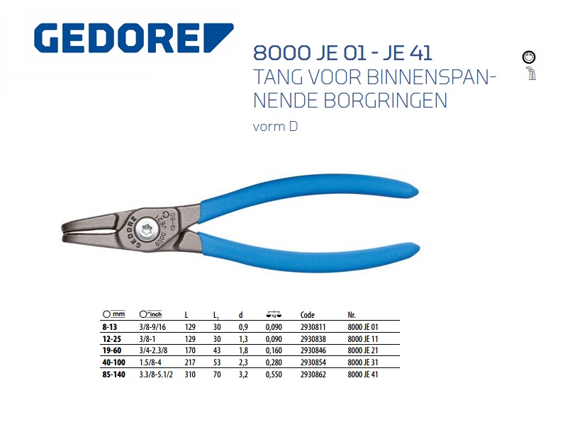 Tang voor binnenspannende borgringen, gebogen 8-13mm