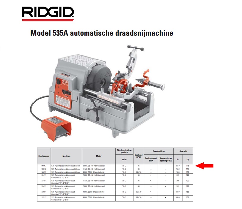 Ridgid 535A automatische draadsnijmachine 230V 1/8” - 2”