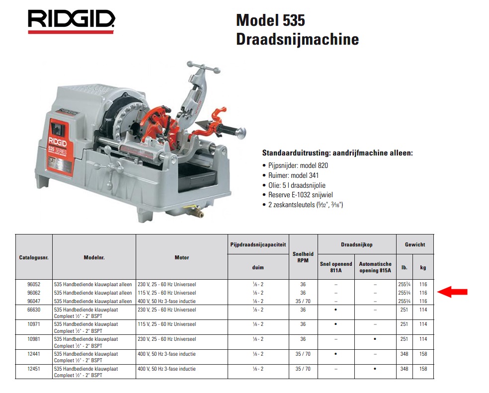 Ridgid 535 Draadsnijmachine 115 V, 25 - 60 Hz alleen 1/8” - 2”