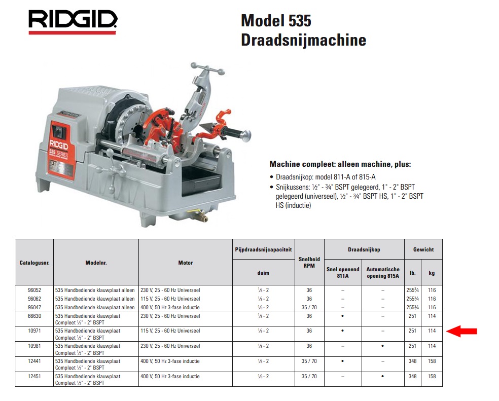 Ridgid 535 Draadsnijmachine 115 V, 25 - 60 Hz compleet 1/8” - 2”