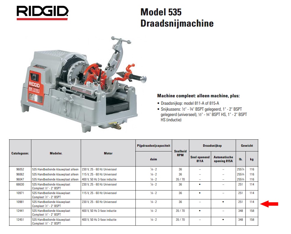 Ridgid 535 Draadsnijmachine 230 V, 25 - 60 Hz compleet 1/8” - 2”