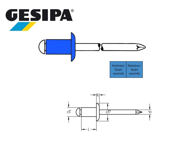 Gesipa Blindklinknagel staal-staal platbol 3 x 5mm 0.5 - 2.0mm