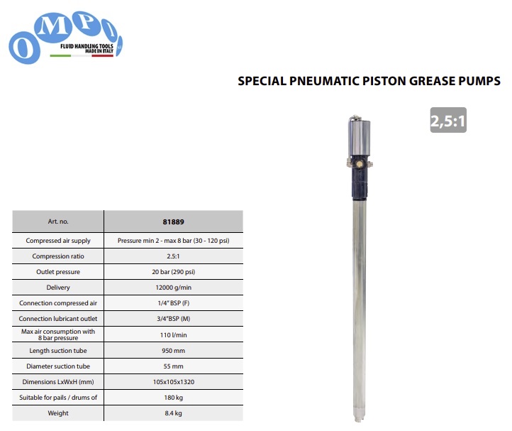 Pneumatische vetpomp voor 180 kg vaten - 2,5:1 - 12000 gr/min