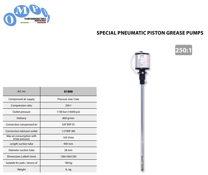 Pneumatische vetpomp Evolution voor 180 kg vaten - 250:1 - 800 gr/min