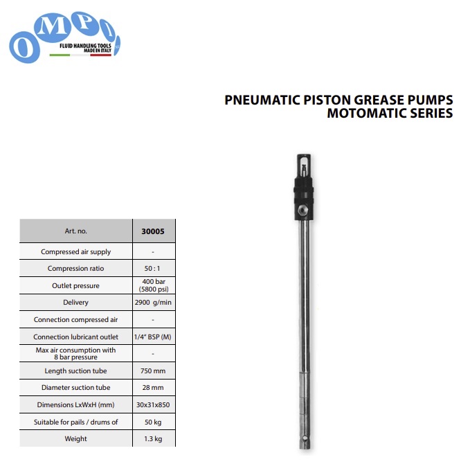 Pneumatische vetpomp Motomatic voor 50 kg vaten - 50:1 - 2900 gr/min