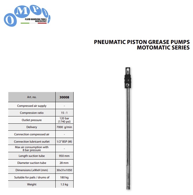 Pneumatische vetpomp Motomatic voor 180 kg vaten - 15:1 - 7000 gr/min