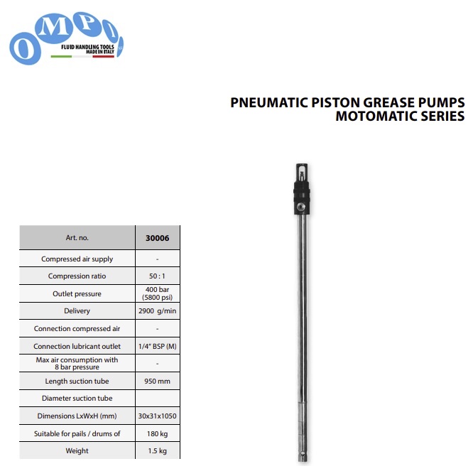 Pneumatische vetpomp Motomatic voor 180 kg vaten - 50:1 - 2900 gr/min