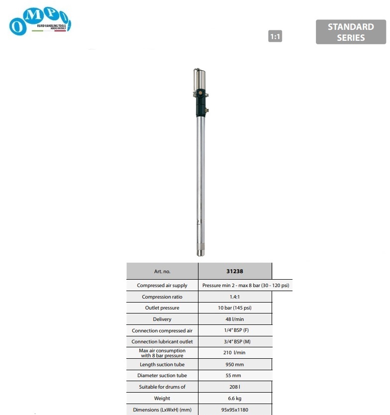 Luchtgedreven dubbelwerkende olie pomp ratio 1.4:1 208ltr BSP 950mm