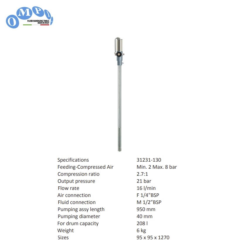 Lucht aangedreven Oliepomp 2.7:1 lengte 130 cm BSP