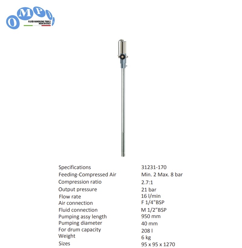 Lucht aangedreven Oliepomp 2.7:1 lengte 170 cm BSP