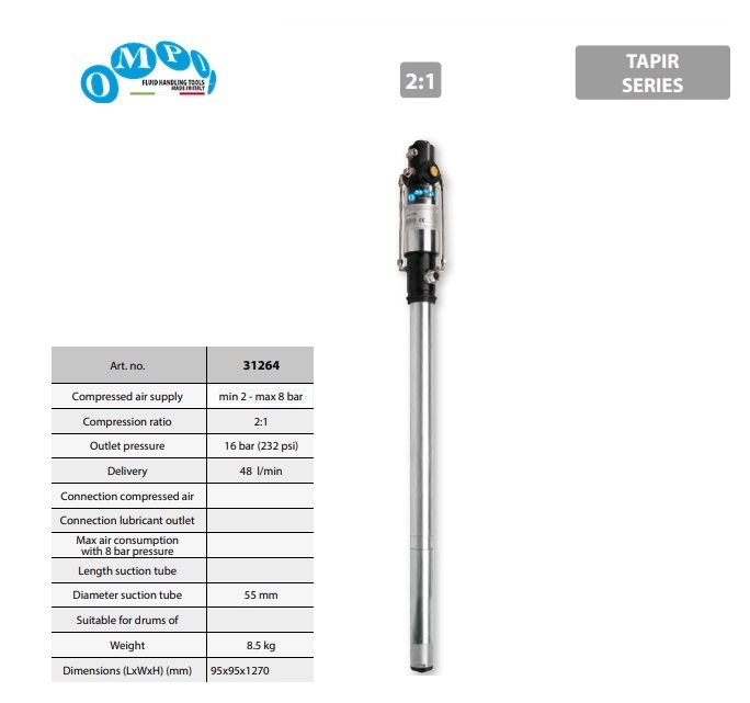 Luchtgedreven dubbelwerkende olie pomp ratio 2:1 BSP 950mm Tapir series