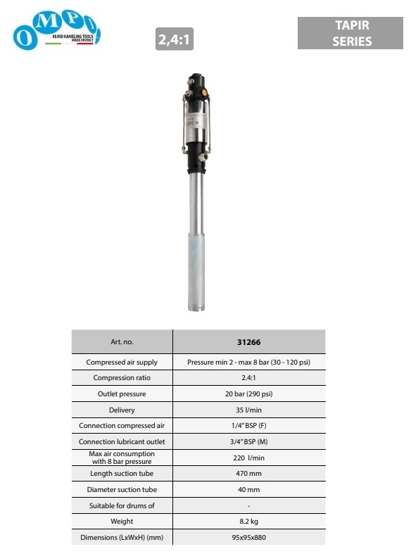 Luchtgedreven dubbelwerkende olie pomp ratio 2.4:1 BSP 470mm Tapir series