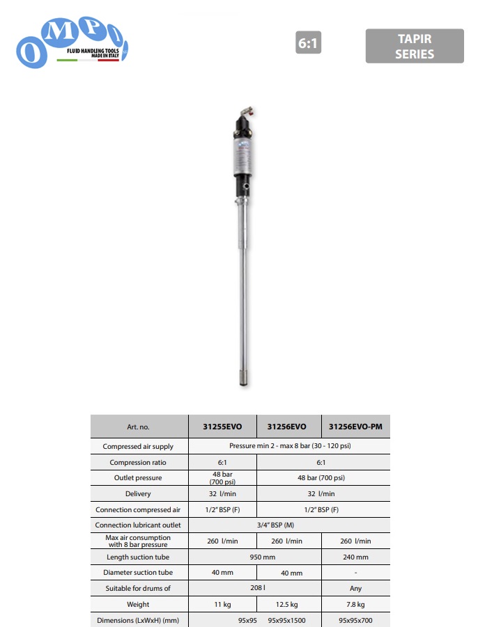 Luchtgedreven dubbelwerkende olie pomp ratio 6:1 BSP 950mm Tapir/Evo series