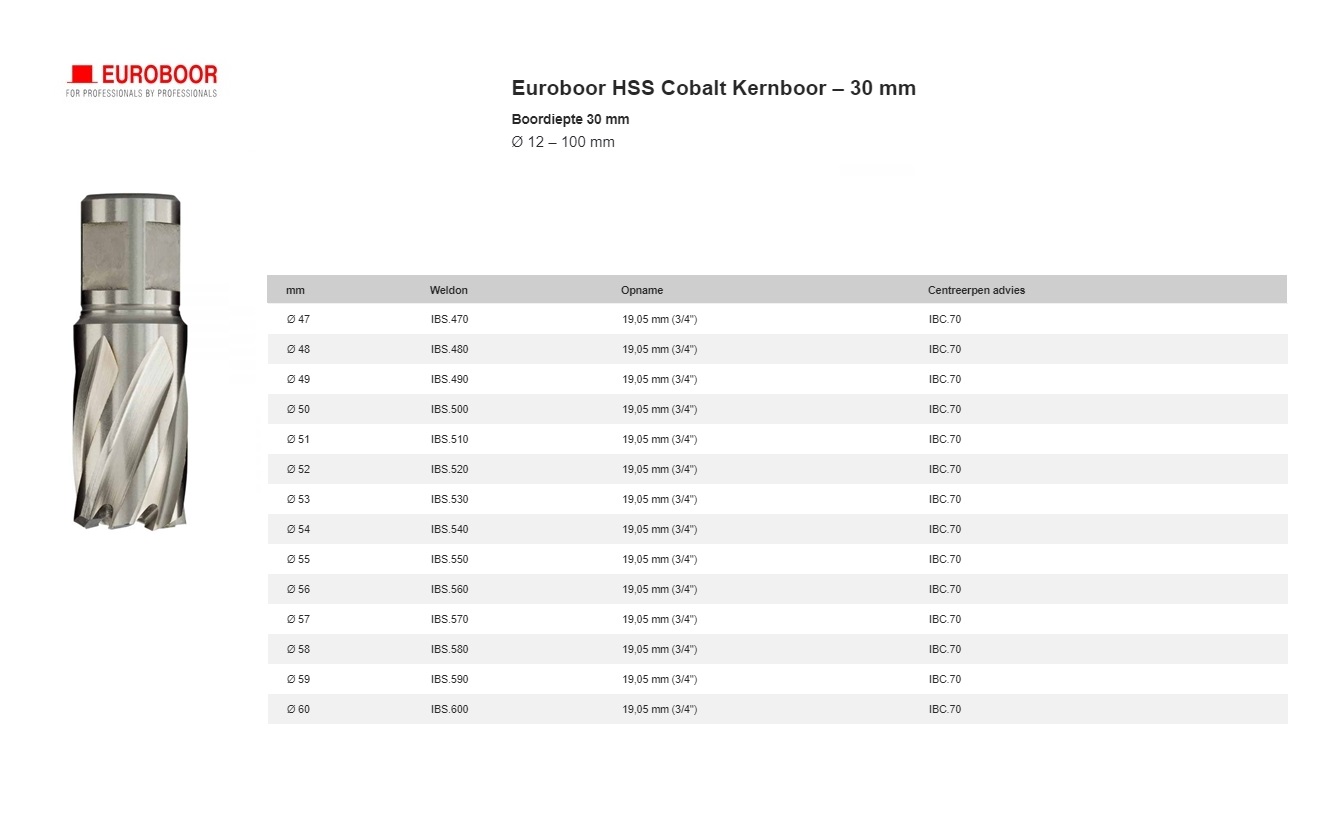 Kernboor HSS-Co M42 Ø 48 mm x 30 mm IBS.480