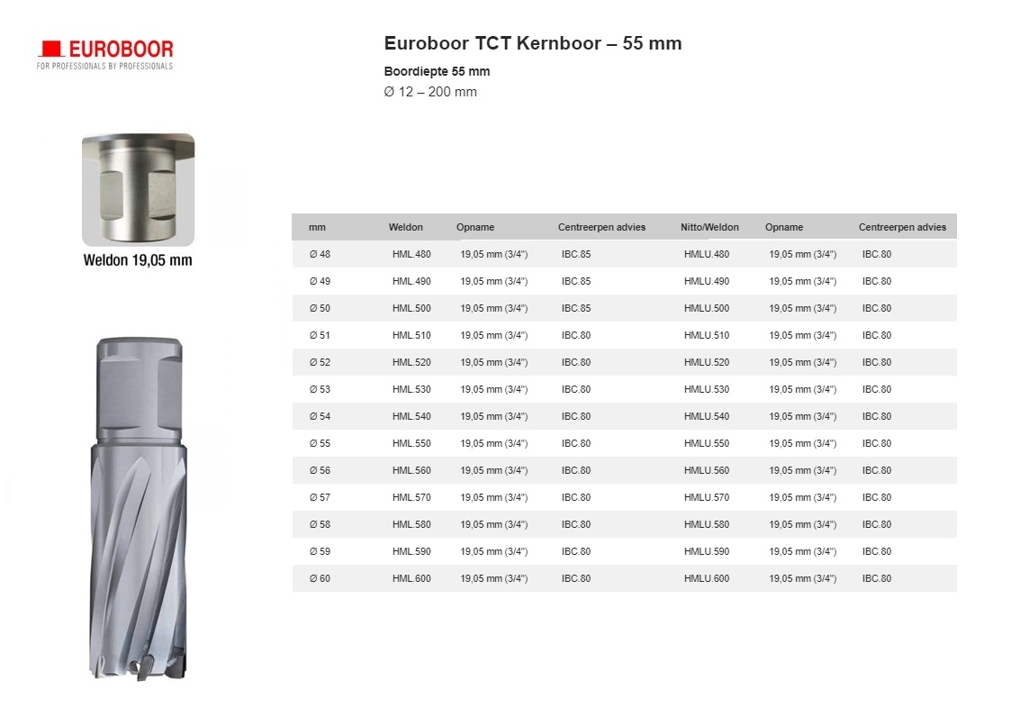 TCT Kernboor Ø 59 mm x 55 mm Uni shank HMLU.590 | DKMTools - DKM Tools