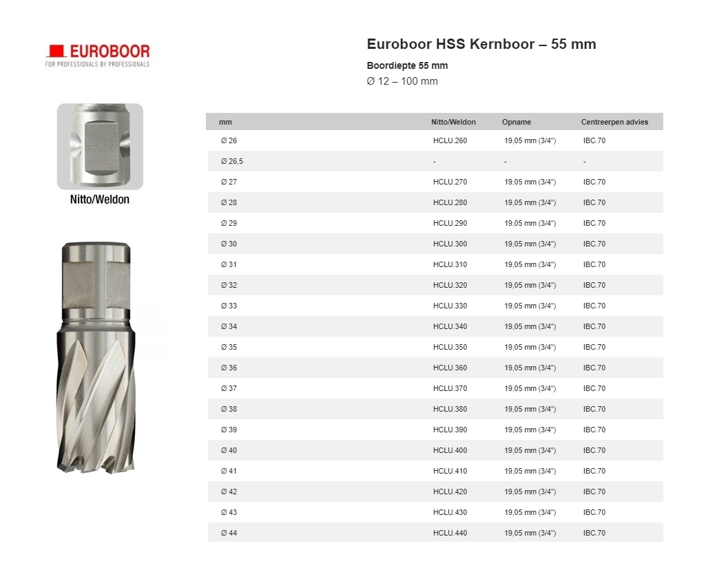 Kernboor HSS Ø 26 mm x 55 mm Uni shank HCLU.260